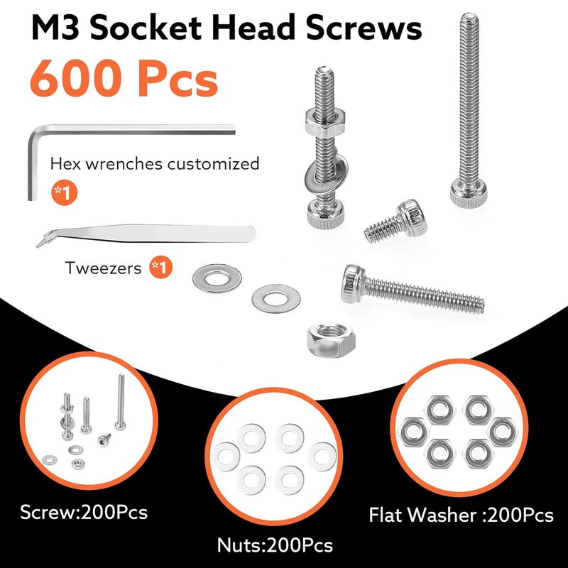 Hapric 600 Pcs M3 Screws Assortment Kit Metric Screw Kits Nuts and Bolts Assortment Kit M3 x 6mm /8mm /10mm /12mm /16mm /20mm /25mm/30mm Metric Machine Screw Kit (304 Stainless Steel Hex Socket Head) - Image 3